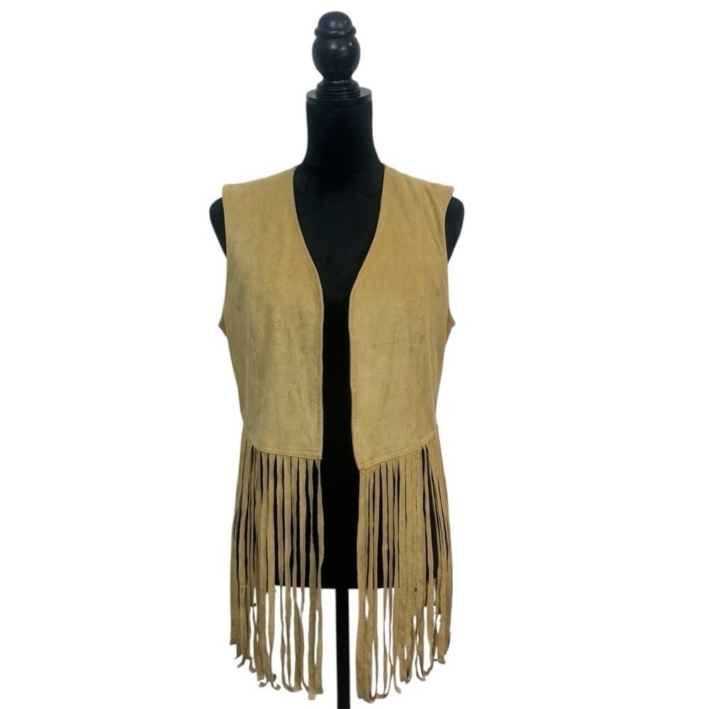 VS2 by Vakko Women's L Beige Boho Faux Suede Fringe Coachella Festival Vest